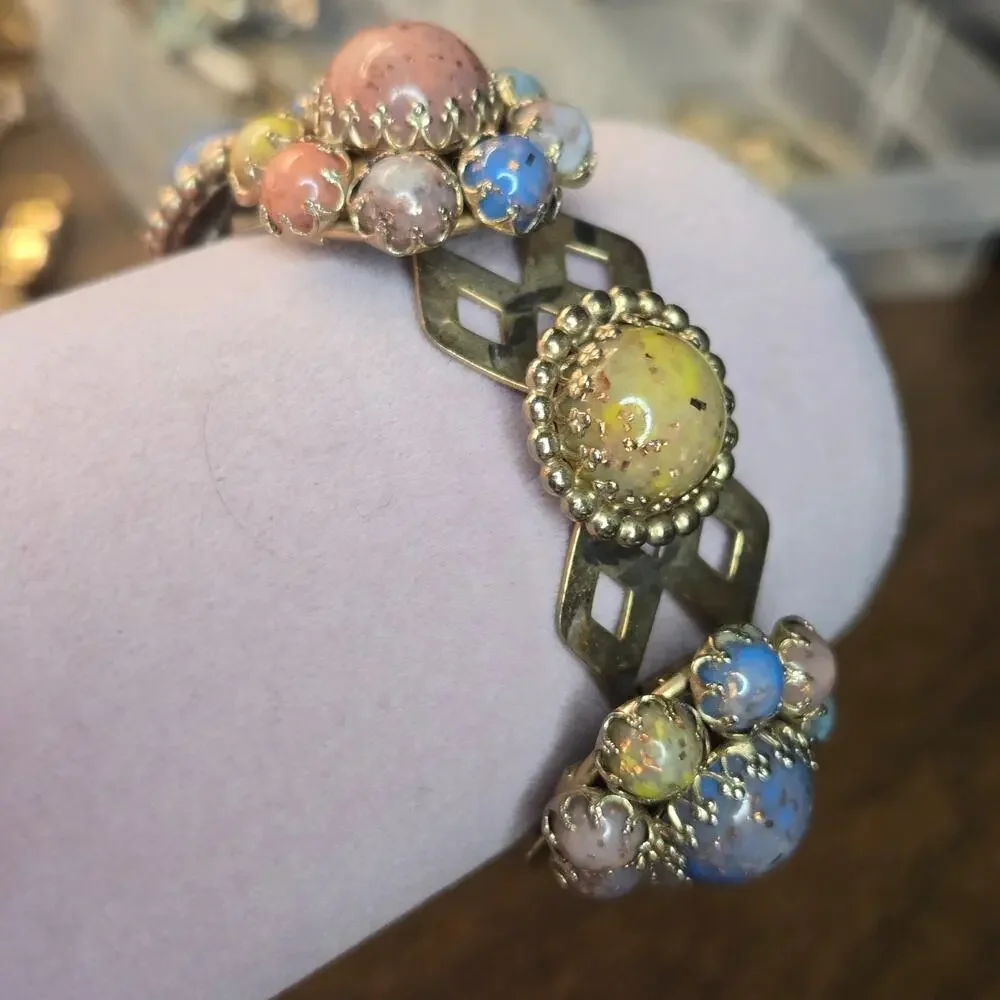 Vintage Victorian Revival Jeweled Link Panel Bracelet Gold Tone Pastel Cabochon